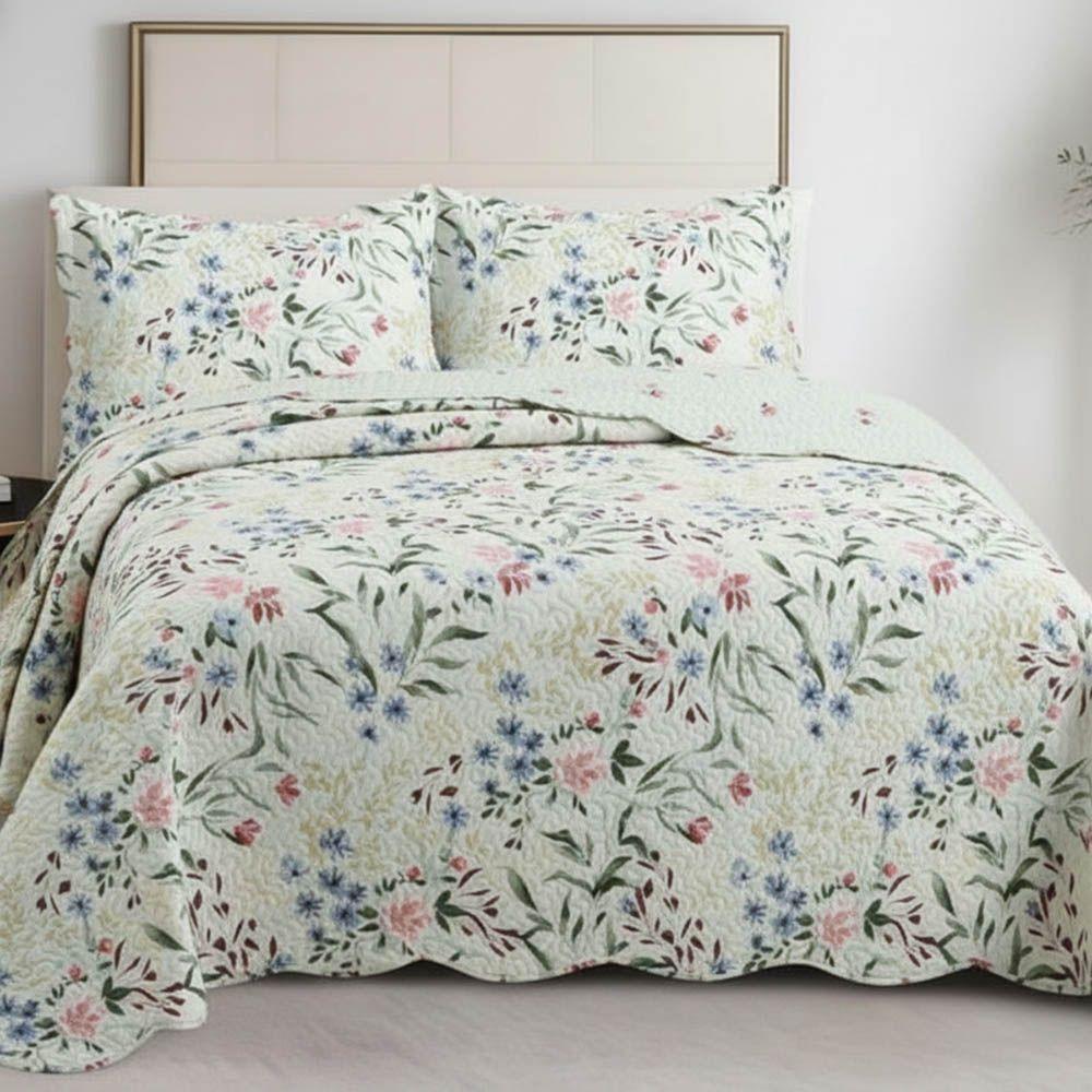 Kit Cobre Leito Colcha Magnus Casal 3 Peças Dupla Face Estampado Floral - Primavera Azul - 100% Poliéster - 3