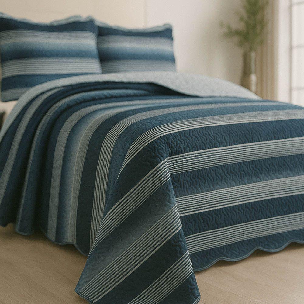 Kit Cobre Leito Colcha Magnus Casal 3 Peças Dupla Face Estampado Geométrico - Marinho - 100% Poliéster - 4