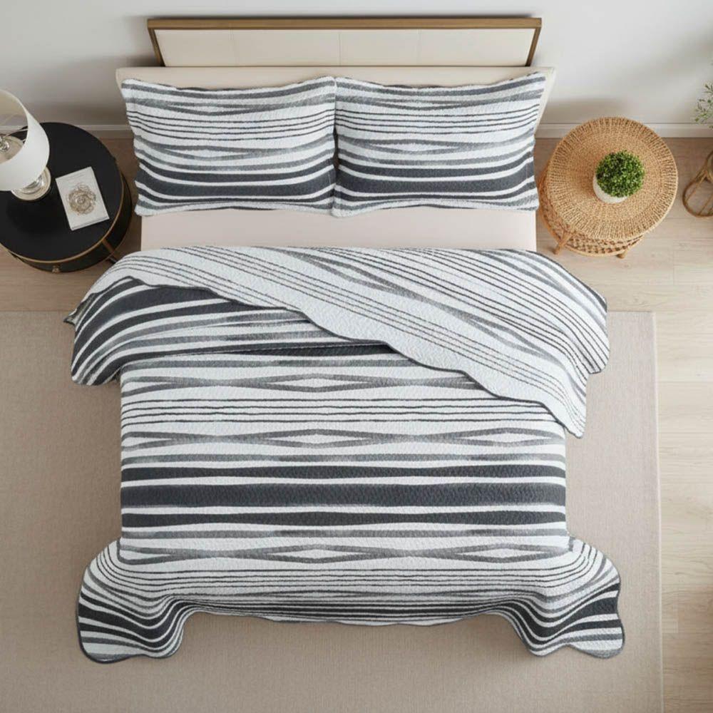 Kit Cobre Leito Colcha Magnus Casal 3 Peças Dupla Face Estampado Geométrico - Preto - 100% Poliéster - 3