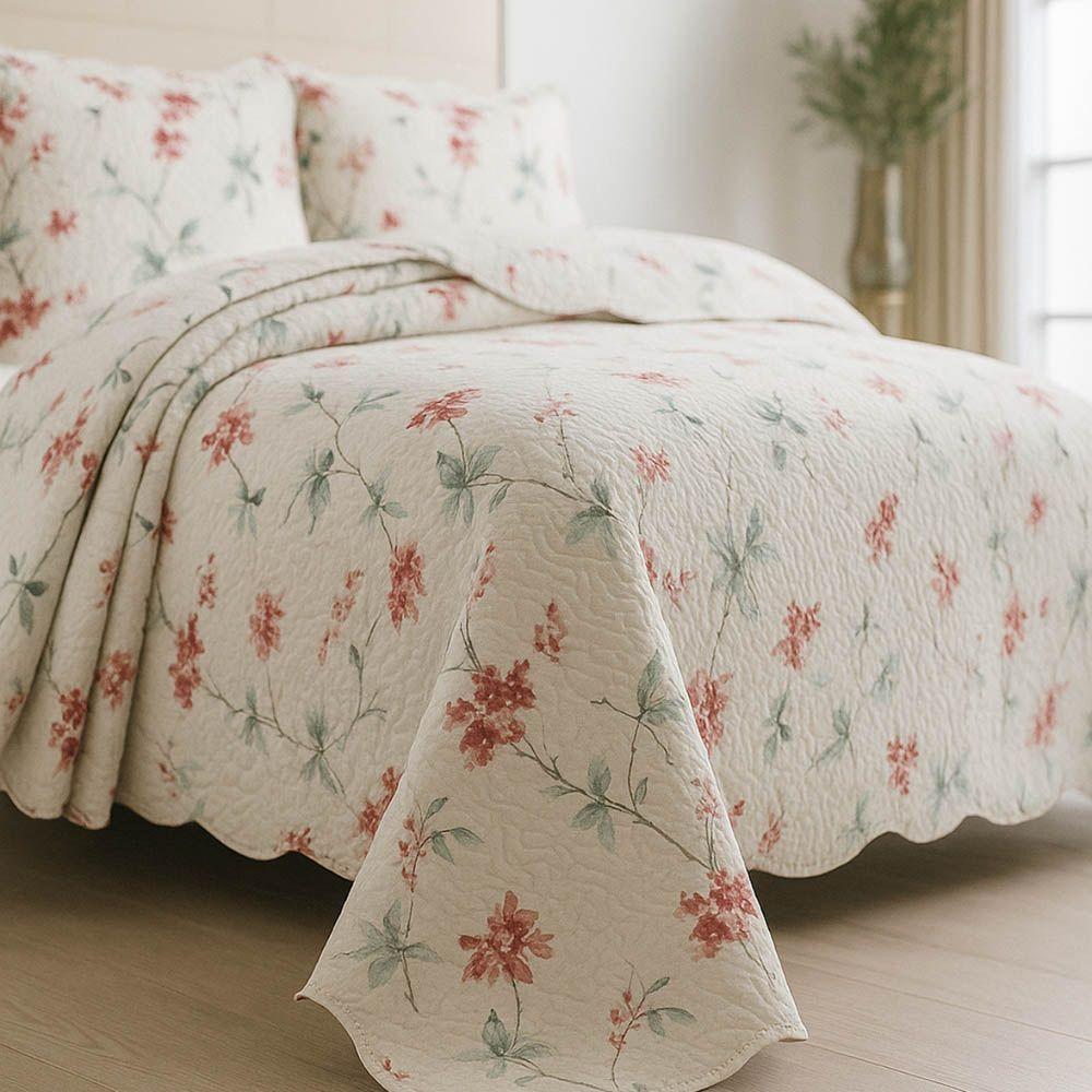 Kit Cobre Leito Colcha Magnus Casal 3 Peças Dupla Face Estampado Floral - Brisa Rosa - 100% Poliéster - 4