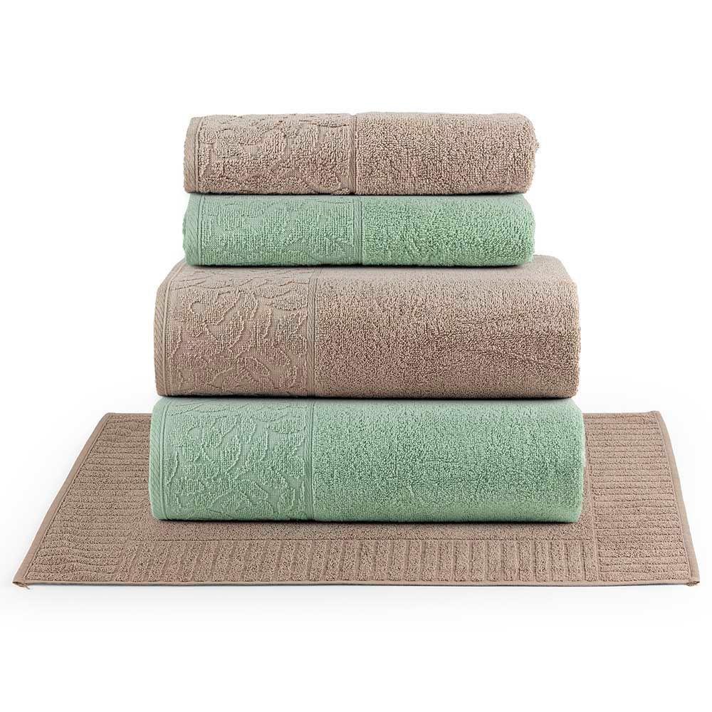 Jogo De Banho Toalhas Dunae 100% Algodão Fio Penteado Macio 05 Peças Floral - Verde Pistache Amendoa - 1