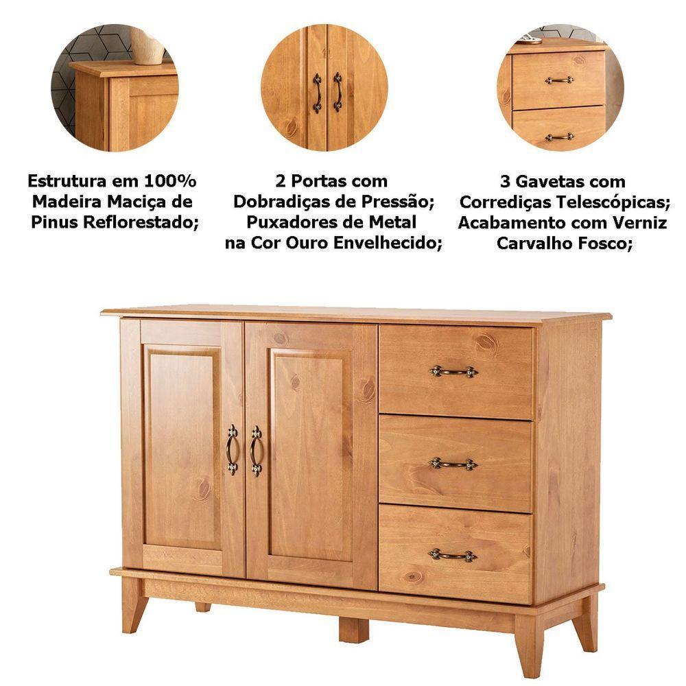 Kit Balcão Buffet 2 Portas E Aparador 100% Madeira Rústica Mirella Carvalho - 2