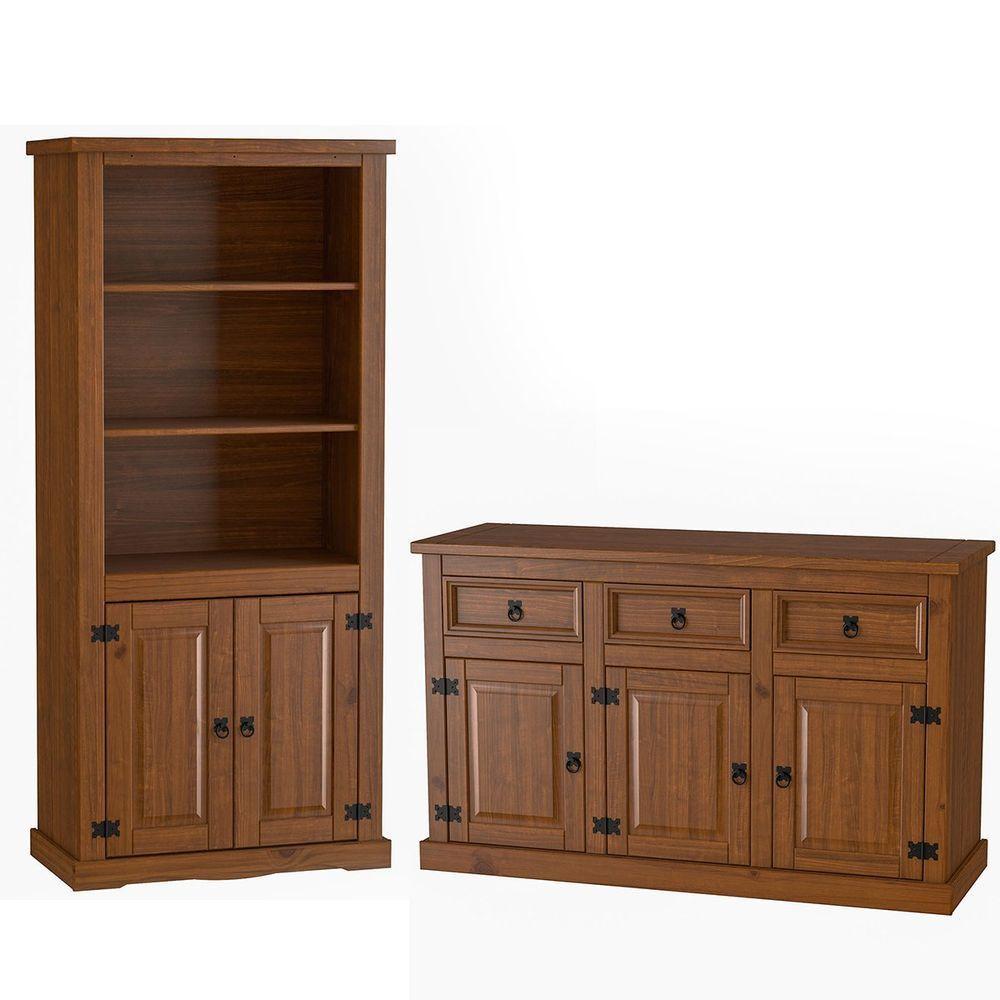 Kit Balcão Buffet Aparador 3 Portas E Livreiro 100% Madeira Império Imbuia - 1