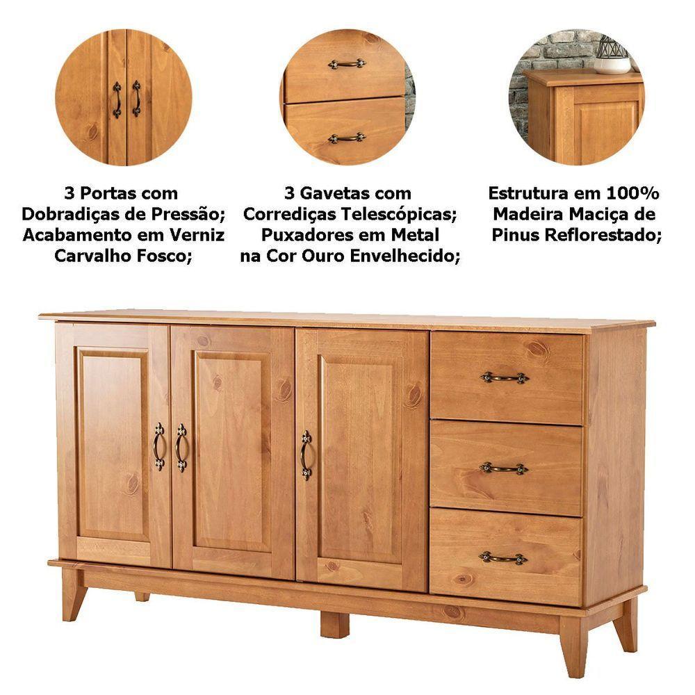 Kit Balcão Buffet 3 Portas E Aparador 100% Madeira Bellora Carvalho - 2