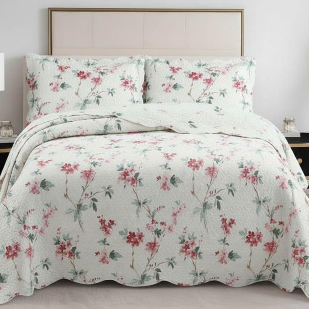 Kit Cobre Leito Colcha Magnus King 3 Peças Dupla Face Estampado Floral - Brisa Rosa - 100% Poliéster - 3