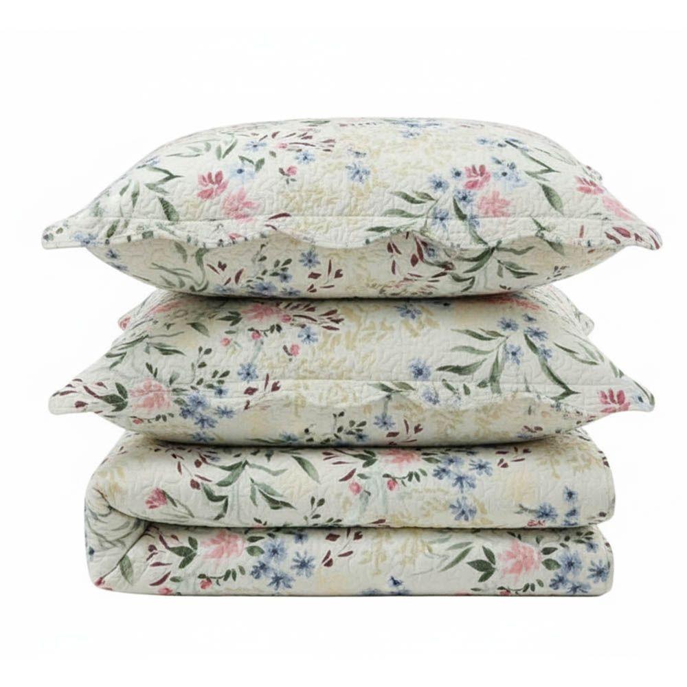 Kit Cobre Leito Colcha Magnus King 3 Peças Dupla Face Estampado Floral - Primavera Azul - 100% Poliéster - 1