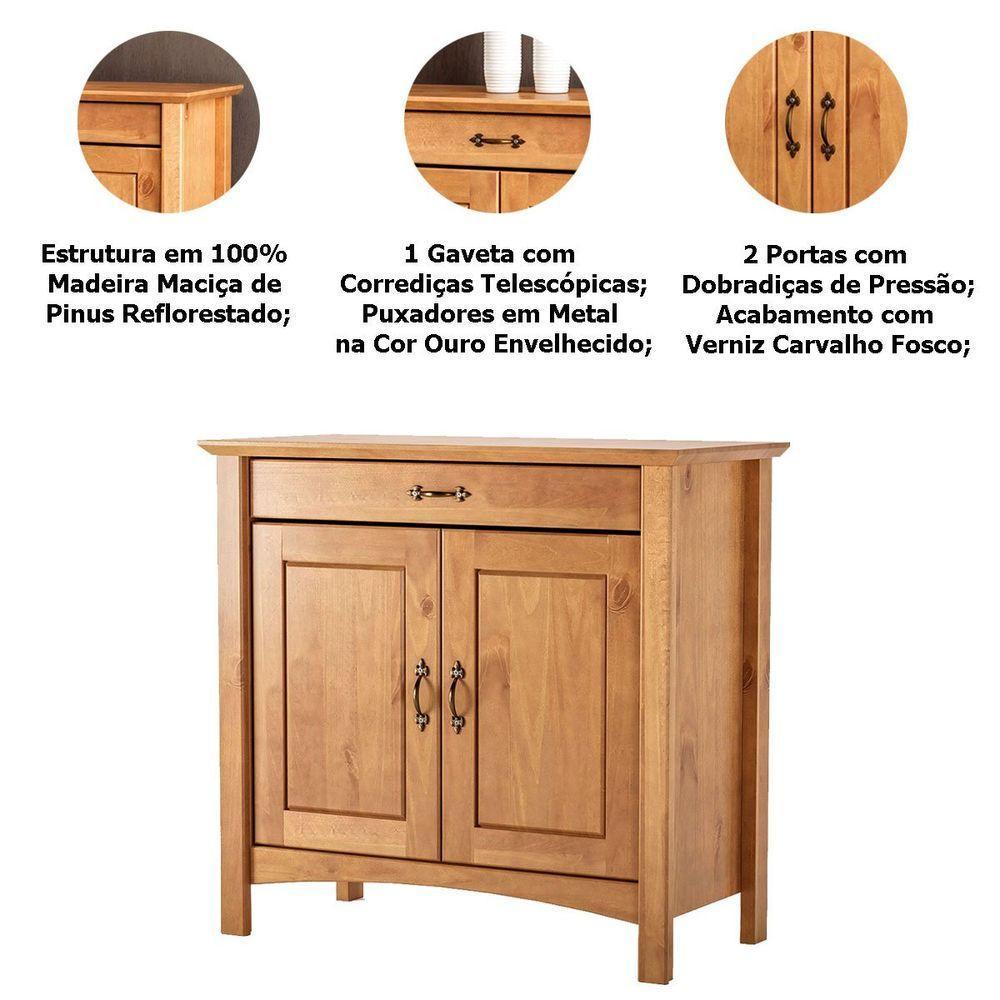 Kit Balcão Buffet 2 Portas E Aparador Para Sala 100% Madeira Solare Carvalho - 2