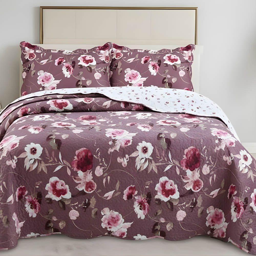 Kit Cobre Leito Colcha Magnus King 3 Peças Dupla Face Estampado Floral - Vinho - 100% Poliéster - 3