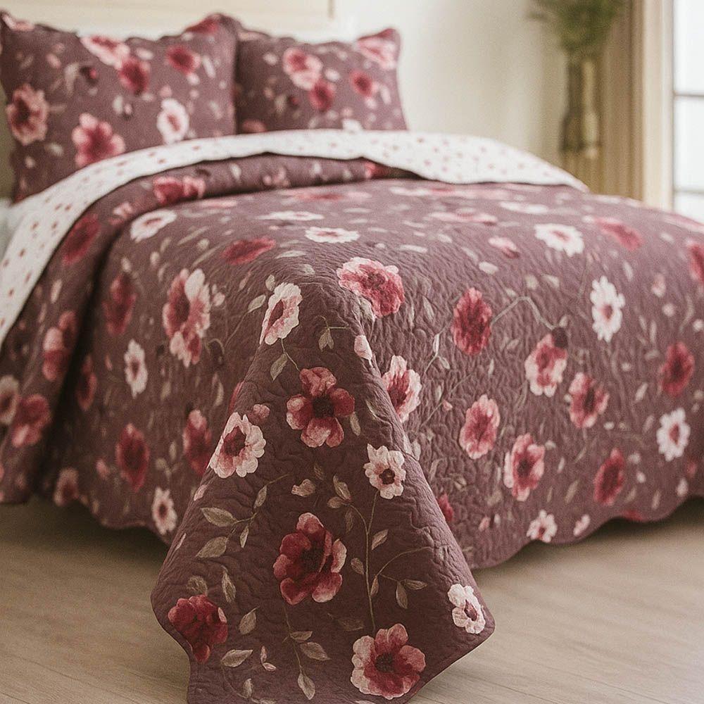 Kit Cobre Leito Colcha Magnus King 3 Peças Dupla Face Estampado Floral - Vinho - 100% Poliéster - 4
