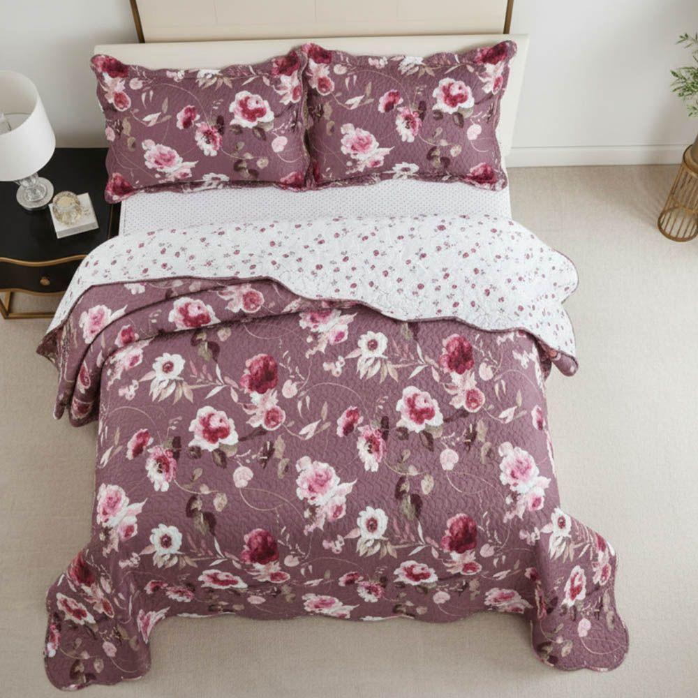 Kit Cobre Leito Colcha Magnus King 3 Peças Dupla Face Estampado Floral - Vinho - 100% Poliéster - 5