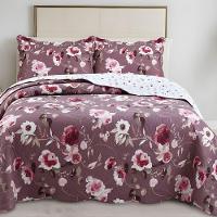 Kit Cobre Leito Colcha Magnus King 3 Peças Dupla Face Estampado Floral - Vinho - 100% Poliéster - 3