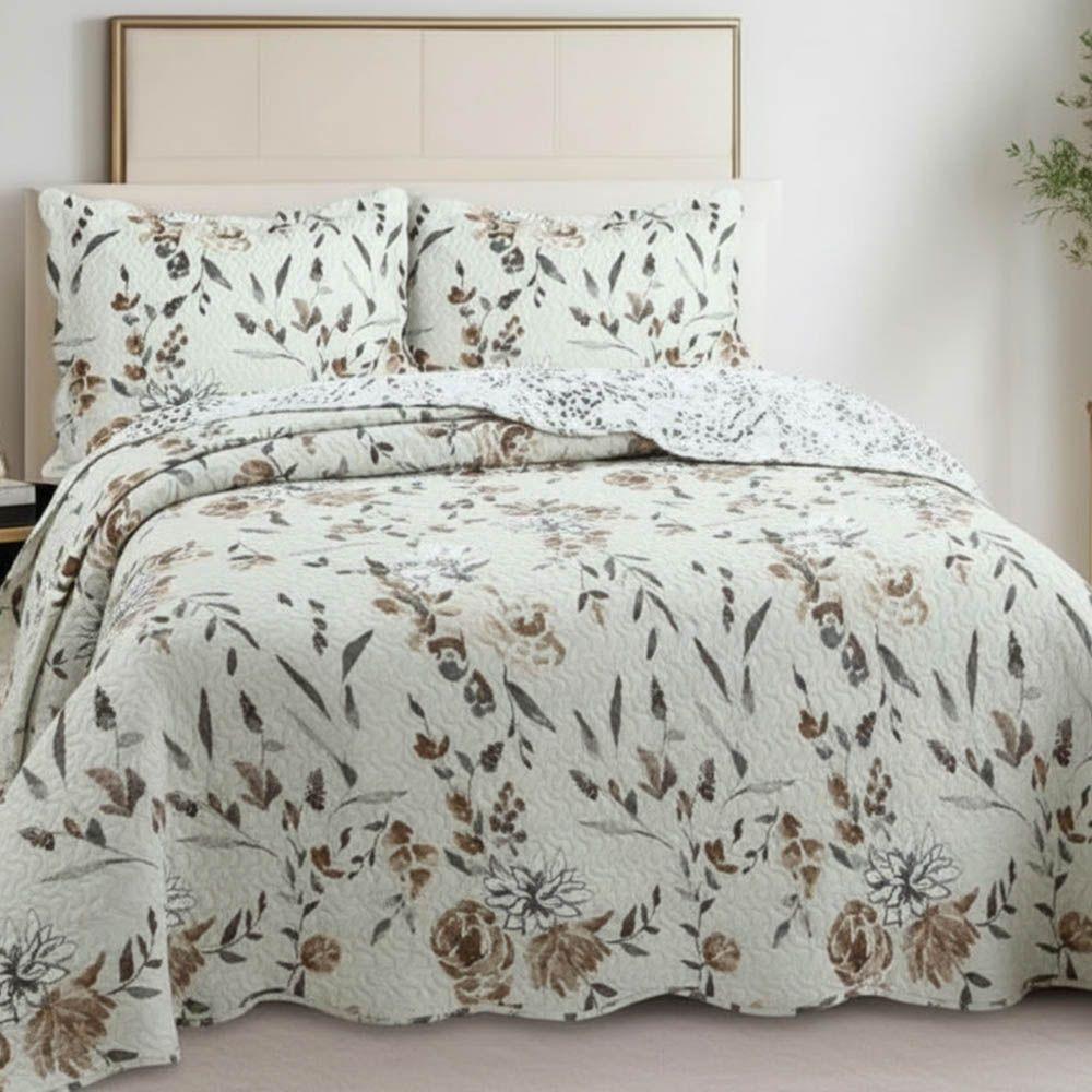 Kit Cobre Leito Colcha Magnus Super King 3 Peças Dupla Face Estampado Floral - Natural - 100% Poliéster - 3