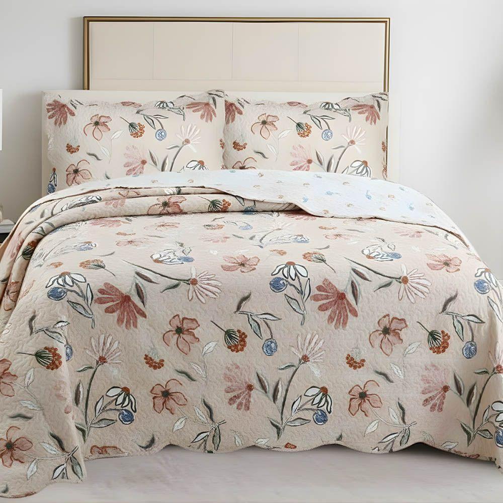 Kit Cobre Leito Colcha Magnus King 3 Peças Dupla Face Estampado Floral - Rosa - 100% Poliéster - 2