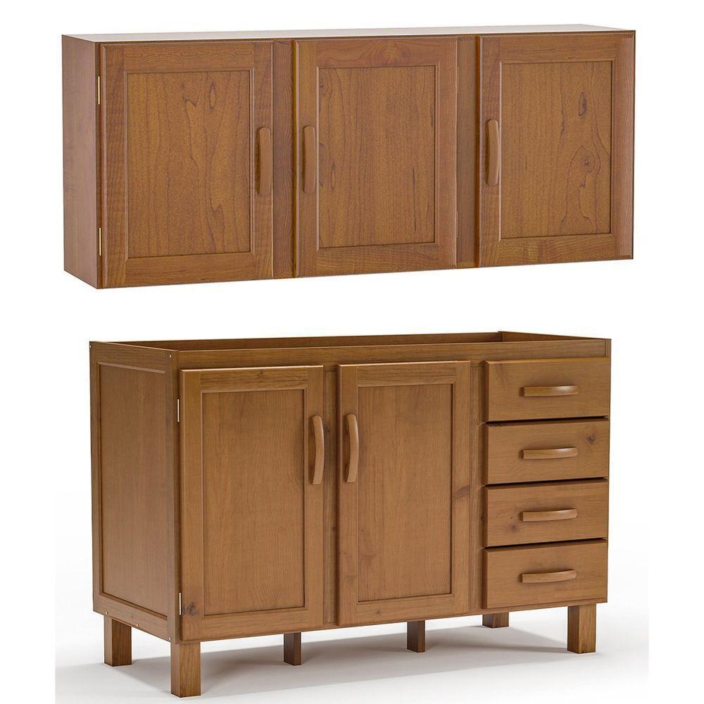 Kit Balcão E Armário Aéreo 120 Cm 100% Madeira Maciça Jersey Imbuia Fosco - 1