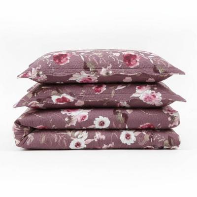 Kit Cobre Leito Colcha Magnus Super King 3 Peças Dupla Face Estampado Floral - Vinho - 100% Poliéster