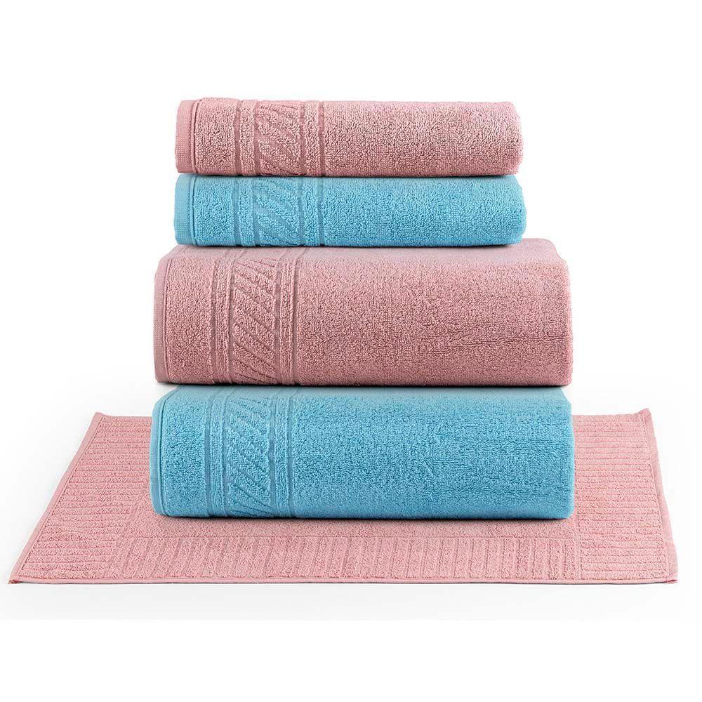 Jogo De Banho Toalhas Yara 100% Algodão Fio Penteado Macio 05 Peças Listras - Rosa Azul - 1