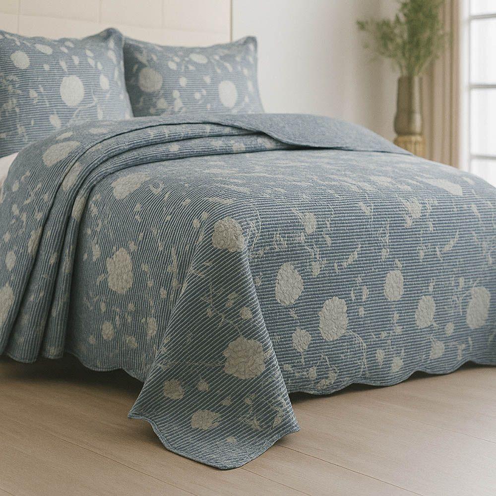 Kit Cobre Leito Colcha Magnus Solteiro 2 Peças Dupla Face Estampado Floral - Azul - 100% Poliéster - 4