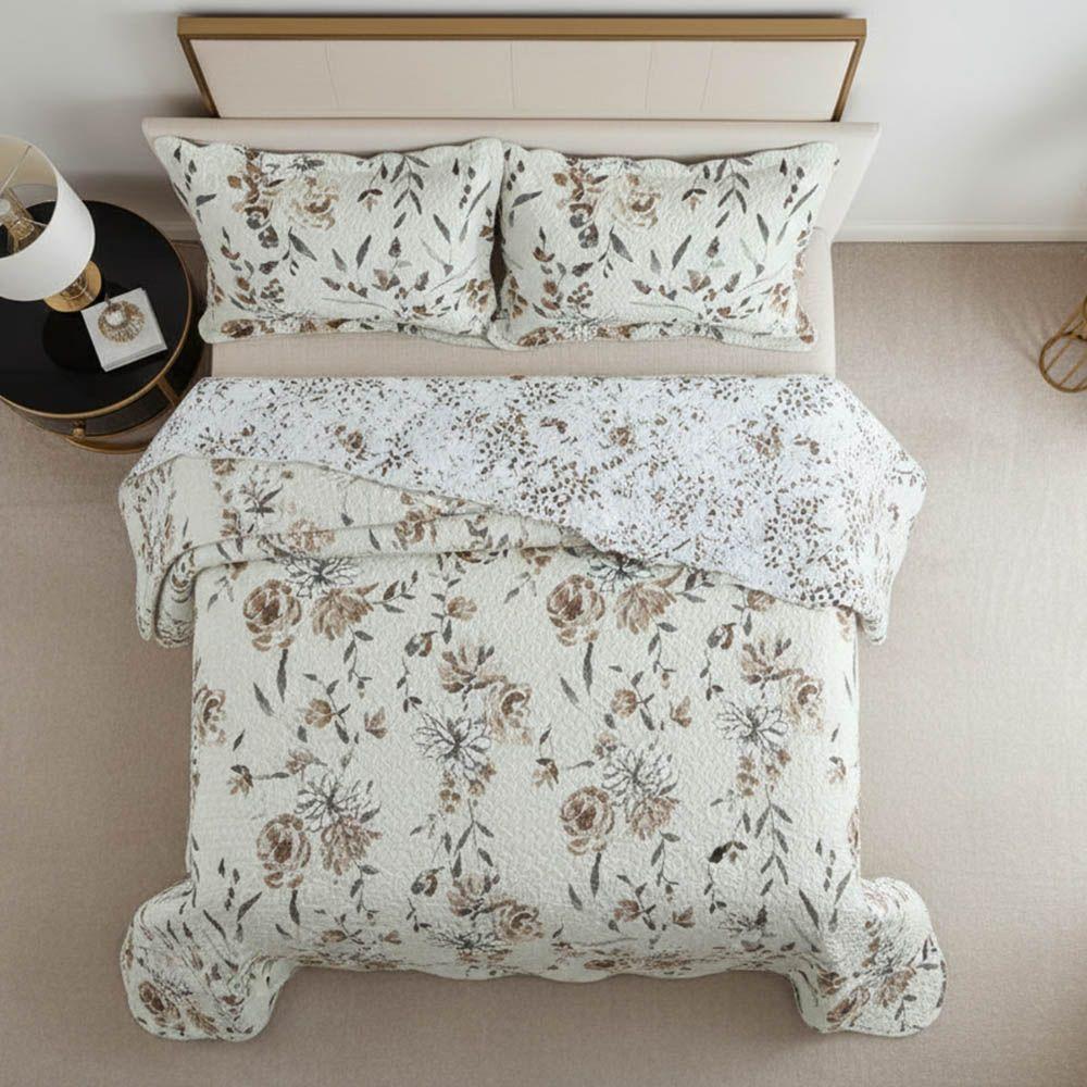 Kit Cobre Leito Colcha Magnus Queen 3 Peças Dupla Face Estampado Floral - Natural - 100% Poliéster - 5