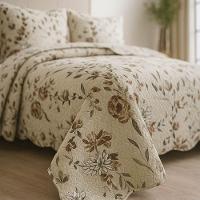 Kit Cobre Leito Colcha Magnus Queen 3 Peças Dupla Face Estampado Floral - Natural - 100% Poliéster