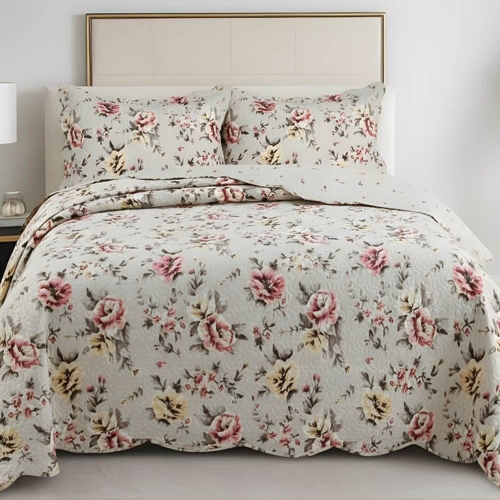Kit Cobre Leito Colcha Magnus King 3 Peças Dupla Face Estampado Floral - Garden - 100% Poliéster - 3