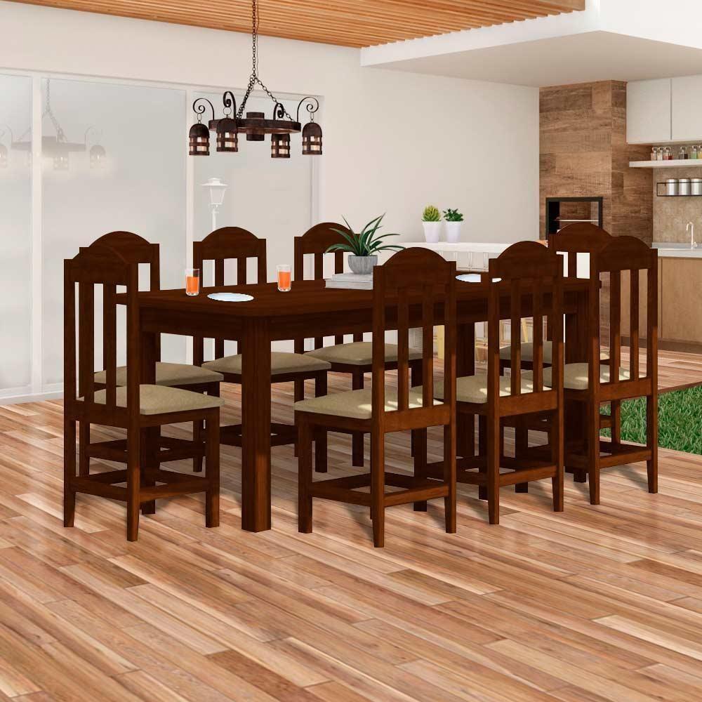 Mesa De Madeira Maciça Com 8 Cadeiras Estofadas Marrom - 1