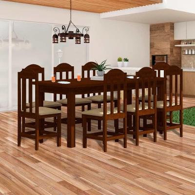 Mesa De Madeira Maciça Com 8 Cadeiras Estofadas Marrom