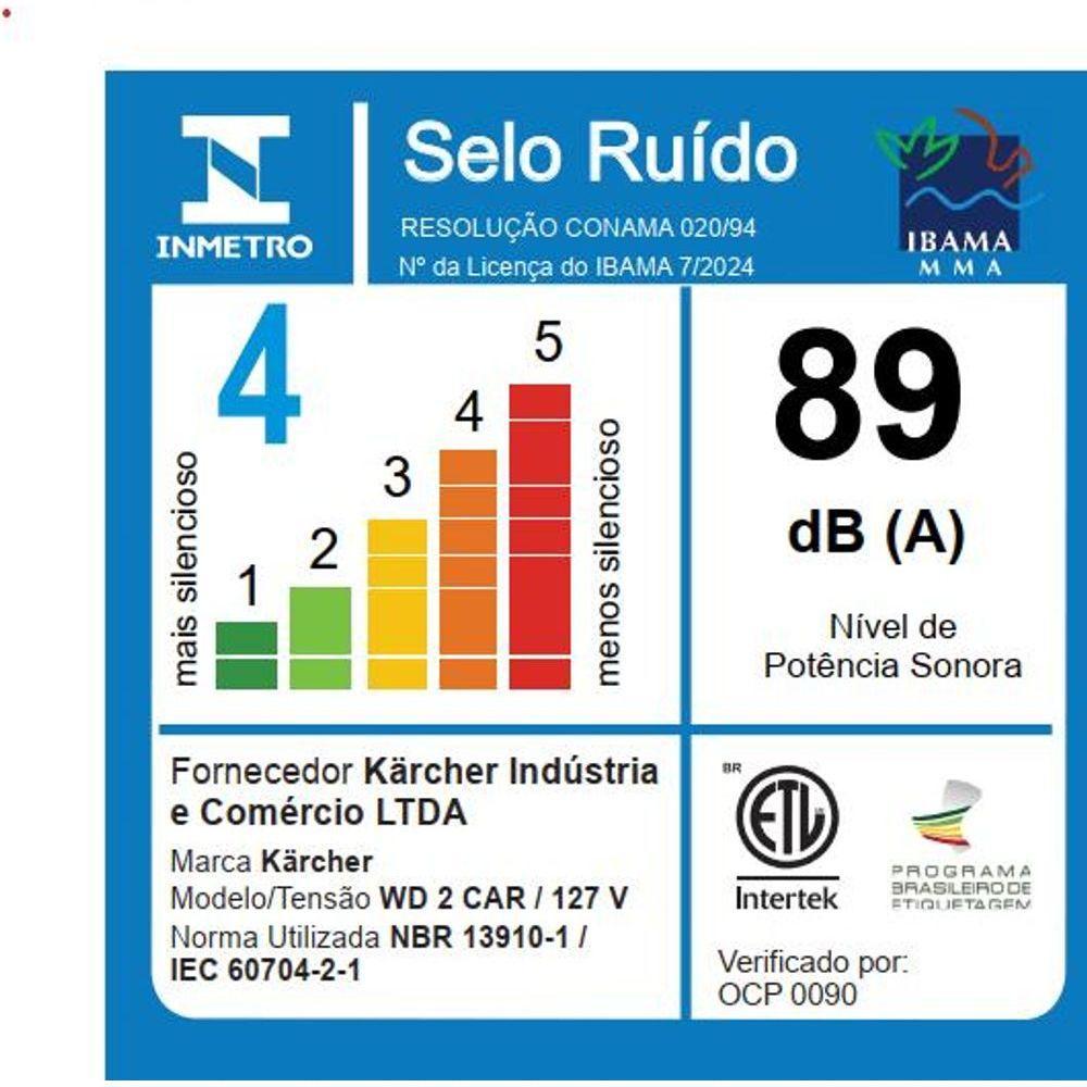 Aspirador de Pó e Líquidos WD2 Car Kärcher 1300W - Kit Completo para Carros 110V - 8