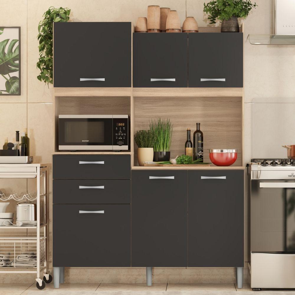 Kit Cozinha Andrey 6 Portas 2 Gavetas Avena Grafito - 1