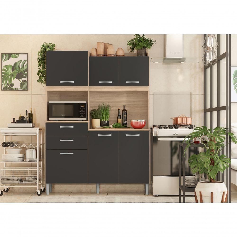 Kit Cozinha Andrey 6 Portas 2 Gavetas Avena Grafito - 2