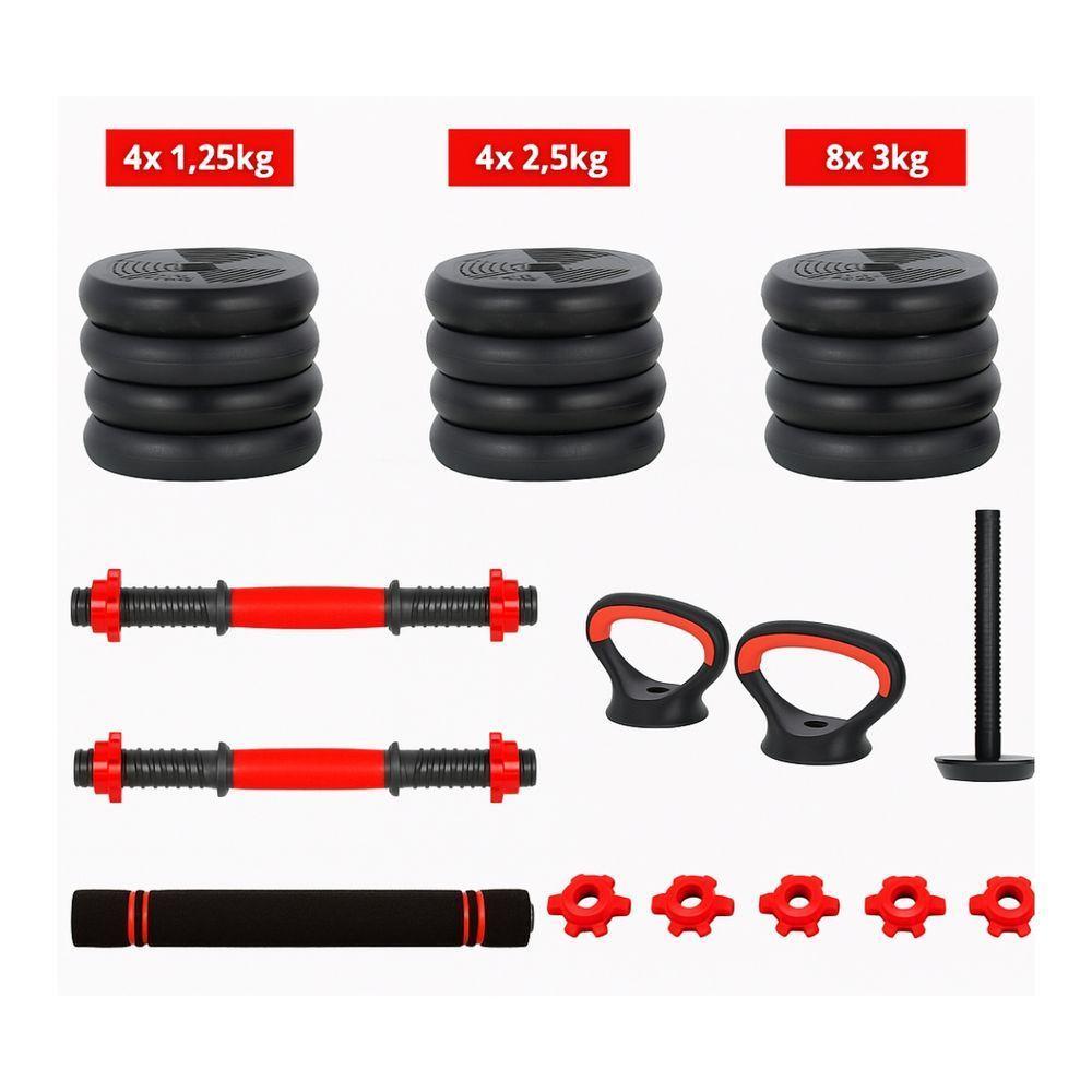 Kit Halteres 6 Em 1 Peso Musculação Até 40kg Ajustável Halter, Kettlebell, Anilha Preto-vermelho - 8