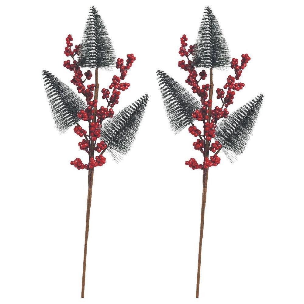 Jogo 2 Galhos Decor Natal 3 Pinheiros Nevados E Berries 48cm - Magizi - 1
