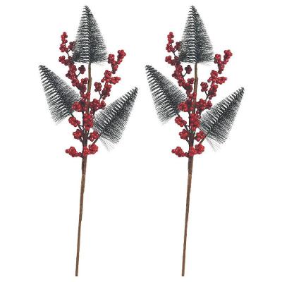 Jogo 2 Galhos Decor Natal 3 Pinheiros Nevados E Berries 48cm - Magizi