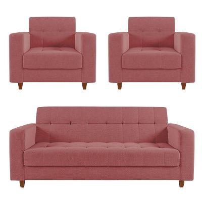 Kit Sofá 03 Lugares 02 Poltronas Arezzo Linho Pés Chanfrado