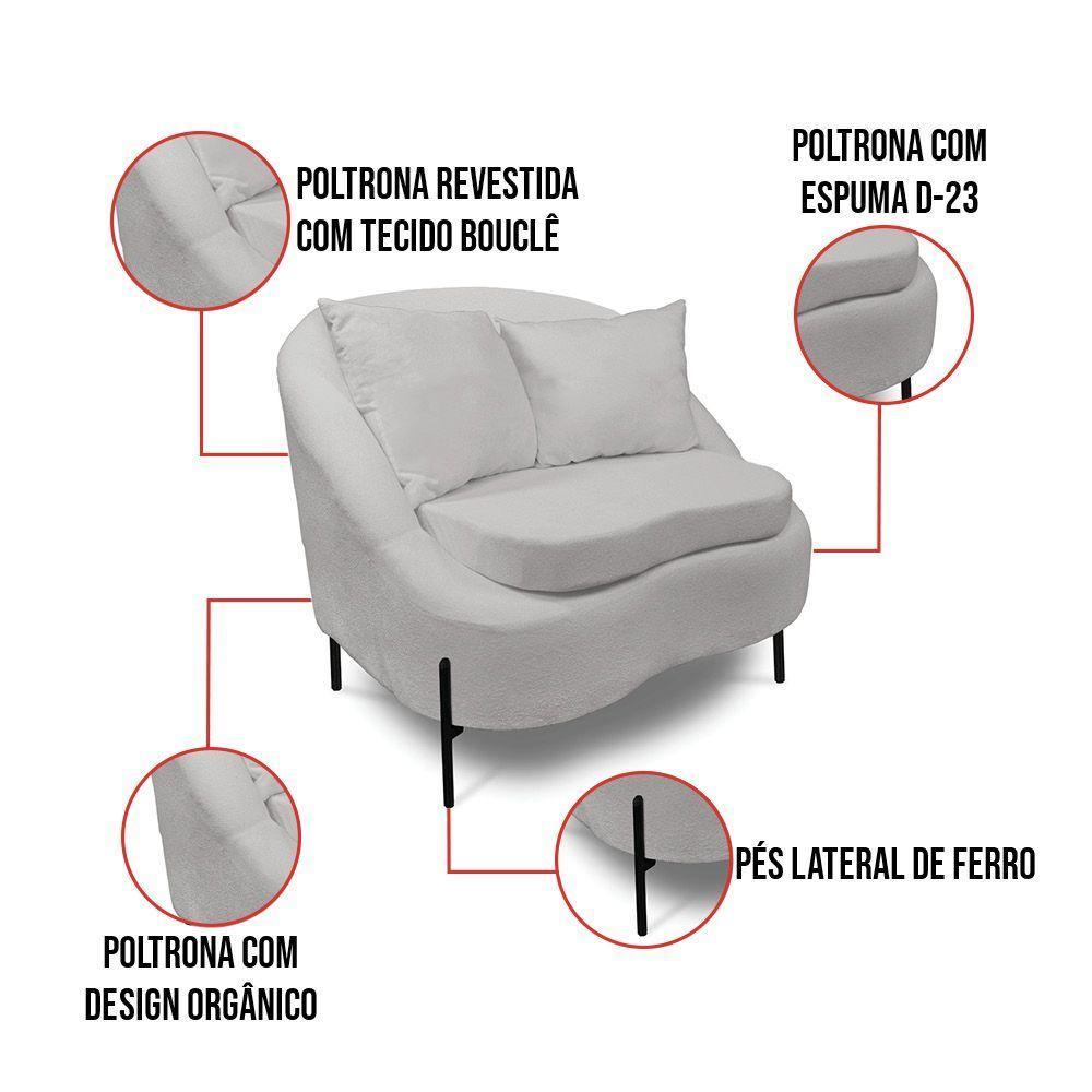 Poltrona Decorativa Orgânica Pé De Metal Preto Kit 2 Zaya Bouclê C05 - D'rossi Cinza - 3