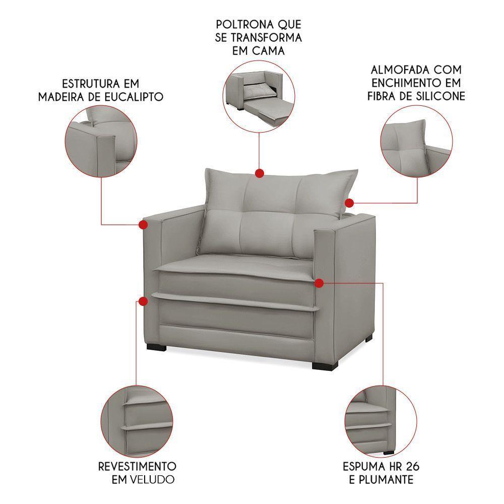 Poltrona Cama Retrátil Solteiro Milenni Veludo Prata B03 - D'rossi - 4