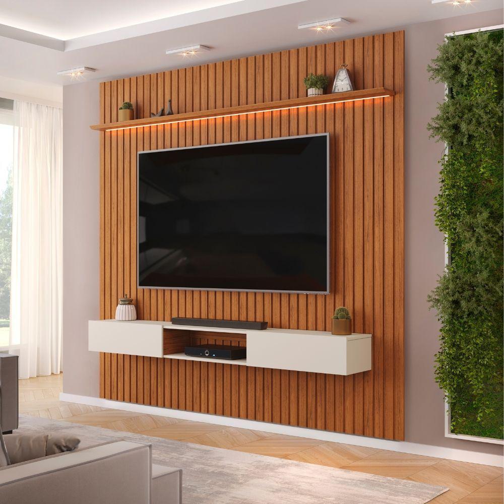 Painel Para Tv Até 90 Polegadas 2,75m Ripado Autêntico Com Led E Nicho Montreal Madeirado/off White - 1