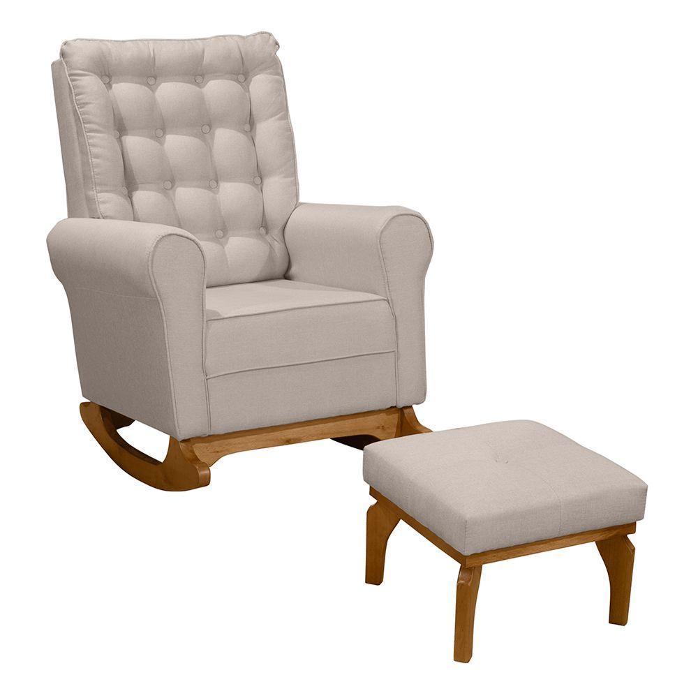 Poltrona De Amamentação E Descanso Paris Com Base Balanço E Puff Linho Bege - Desk Design - 1