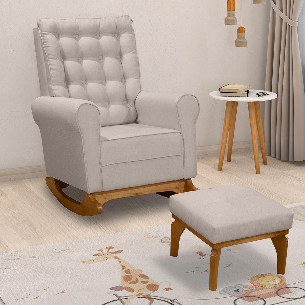 Poltrona De Amamentação E Descanso Paris Com Base Balanço E Puff Linho Bege - Desk Design - 2