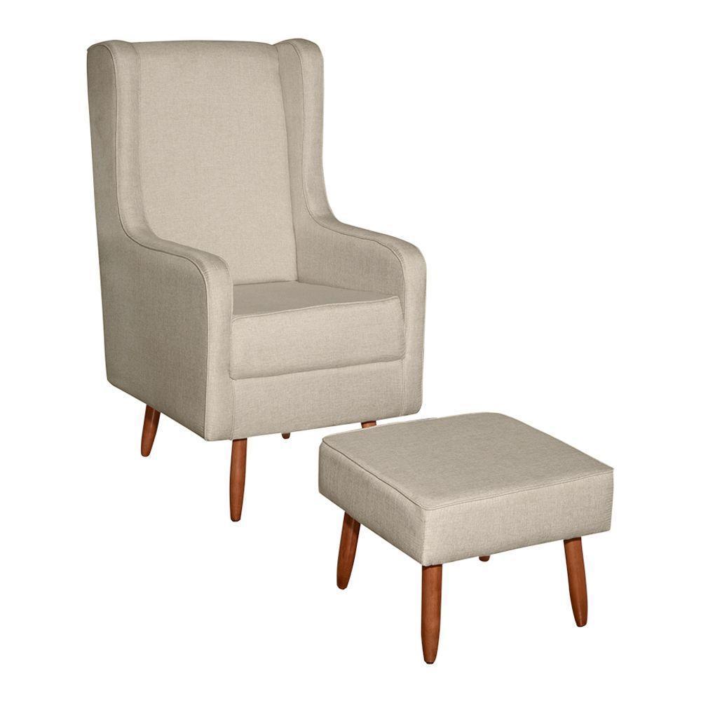 Poltrona De Amamentação E Descanso Renata Com Pés Palito E Puff Linho Bege - Desk Design - 1