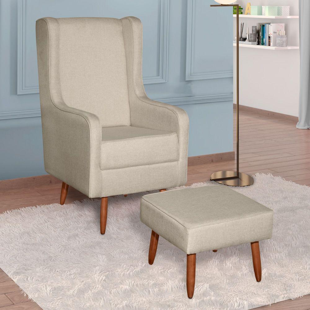 Poltrona De Amamentação E Descanso Renata Com Pés Palito E Puff Linho Bege - Desk Design - 2