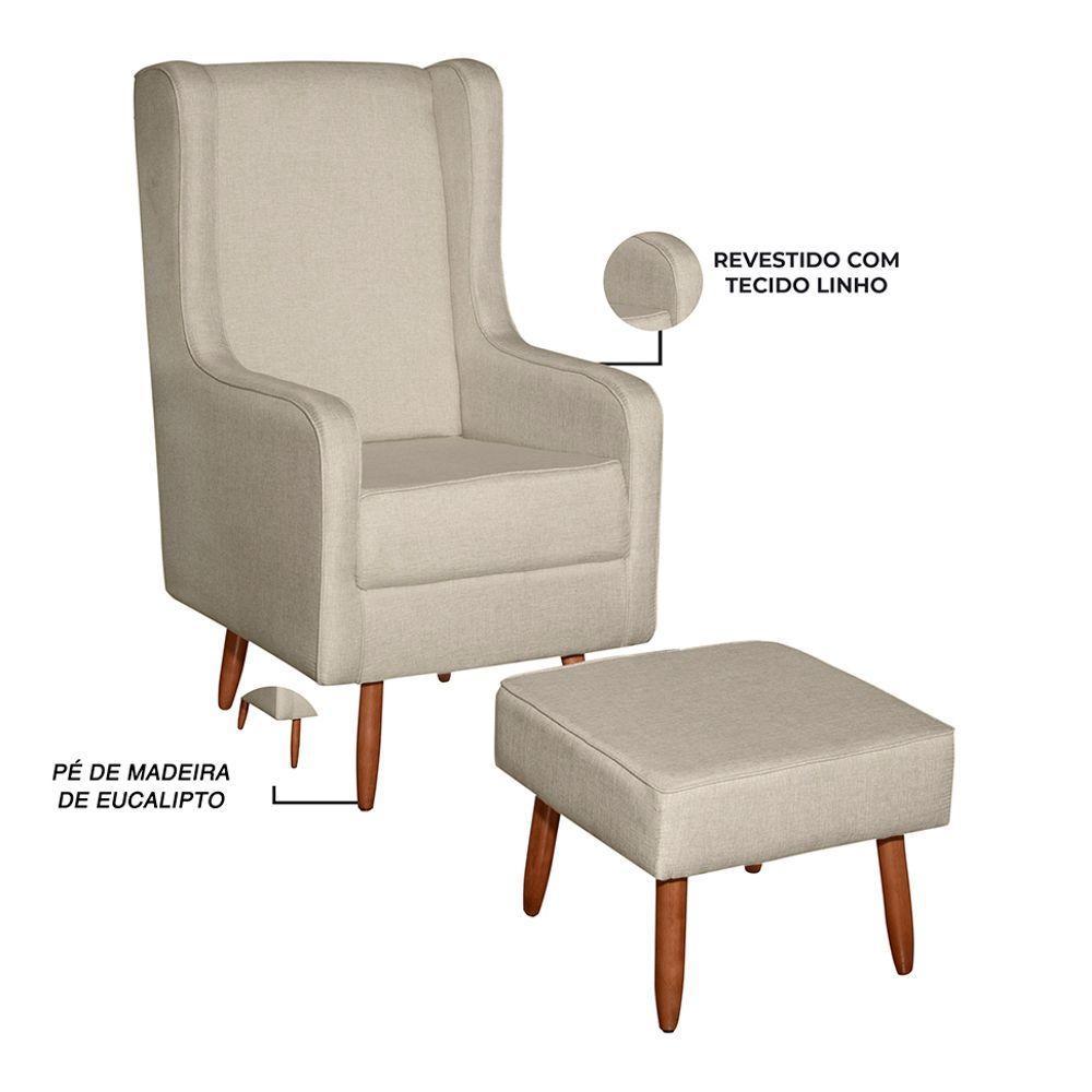 Poltrona De Amamentação E Descanso Renata Com Pés Palito E Puff Linho Bege - Desk Design - 3