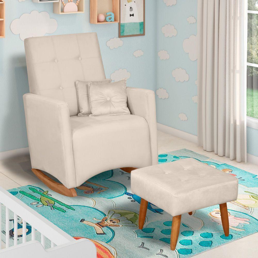 Poltrona De Amamentação E Descanso Anne Com Base Balanço E Puff Veludo Bege - Desk Design - 2