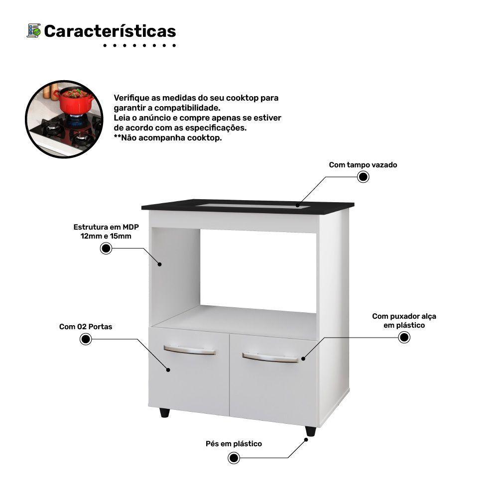 Balcão Para Cooktop Elis 75cm 02 Portas Com Tampo Recortado Branco - Desk Design - 5