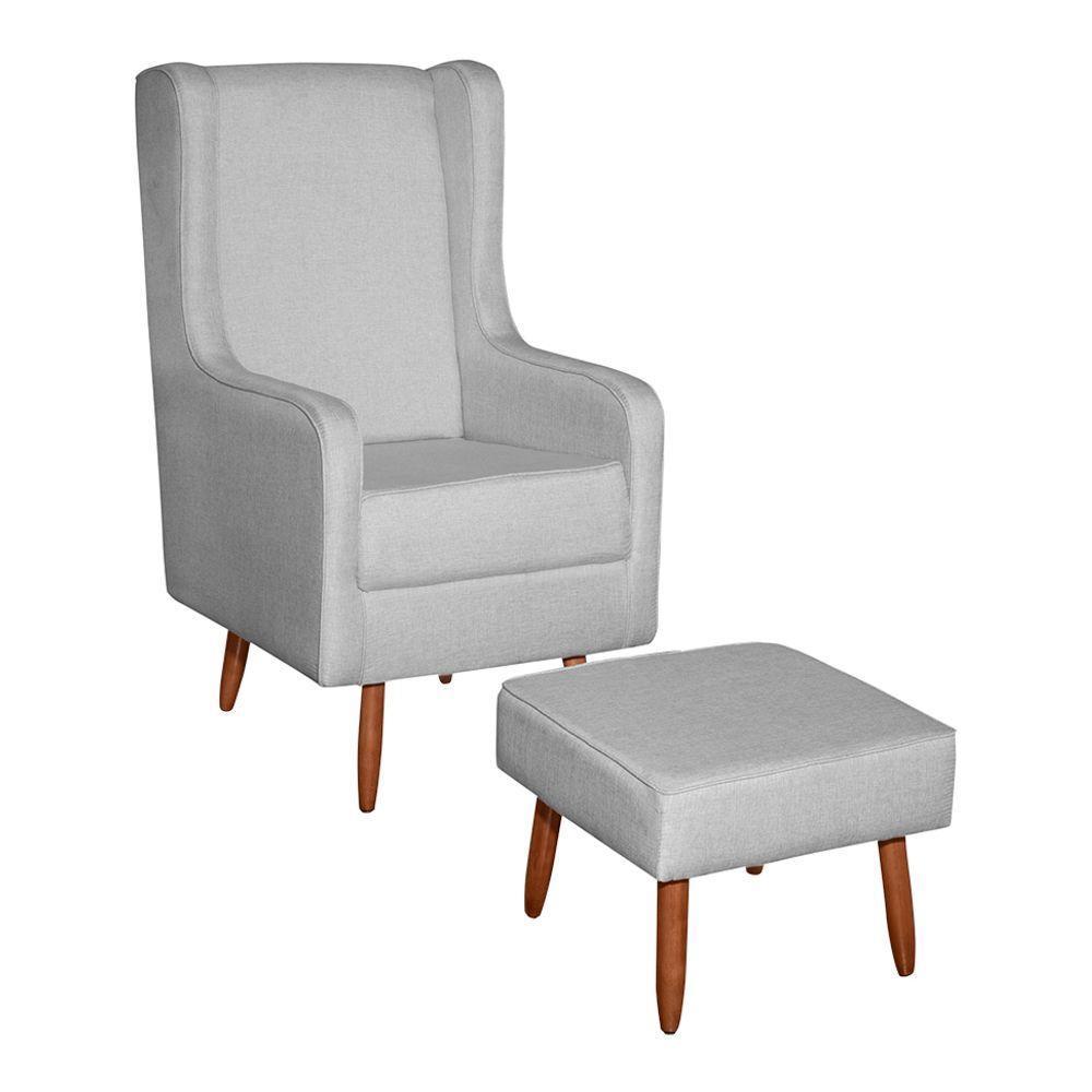 Poltrona De Amamentação E Descanso Renata Com Pés Palito E Puff Linho Cinza - Desk Design - 1