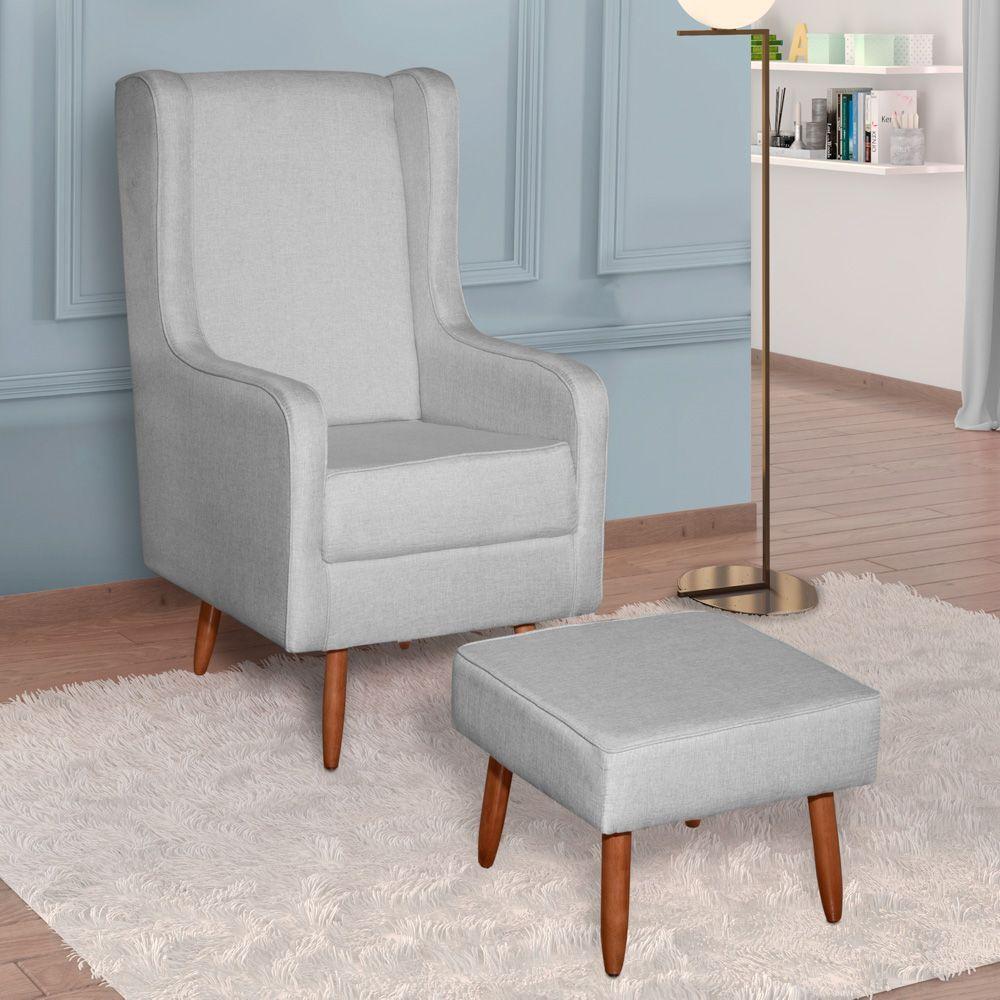 Poltrona De Amamentação E Descanso Renata Com Pés Palito E Puff Linho Cinza - Desk Design - 2