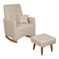 Poltrona De Amamentação E Descanso Anne Com Base Balanço E Puff Linho Bege - Desk Design - 1