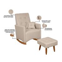 Poltrona De Amamentação E Descanso Anne Com Base Balanço E Puff Linho Bege - Desk Design - 3