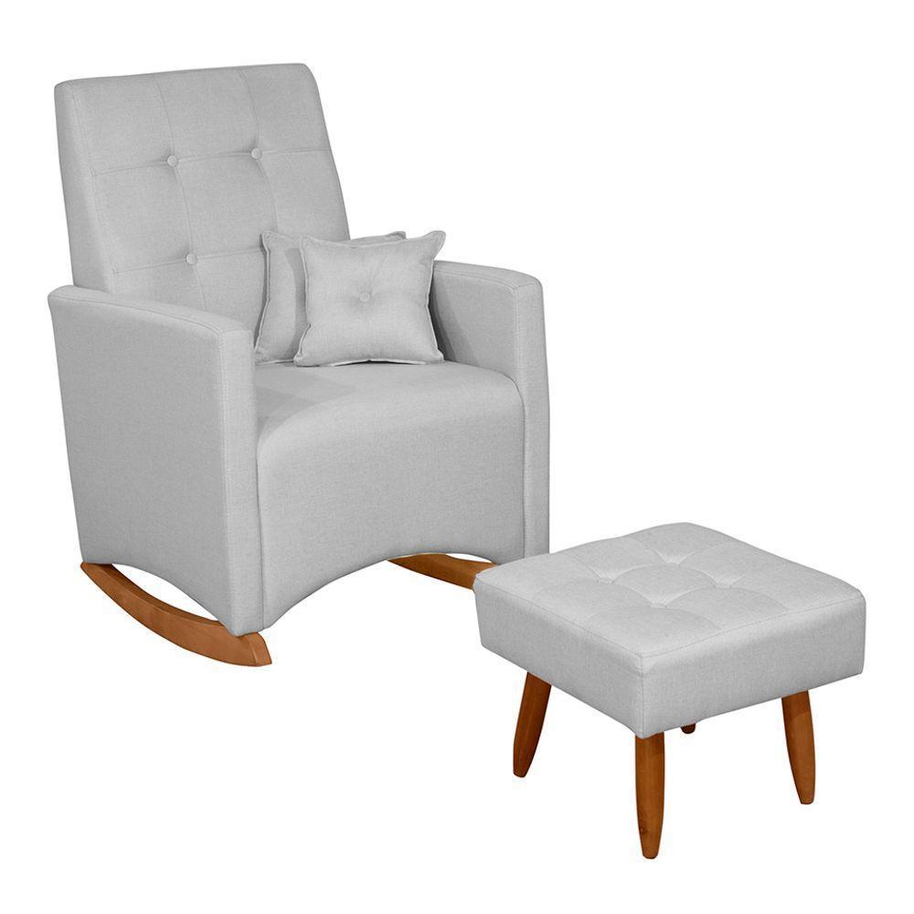 Poltrona De Amamentação E Descanso Anne Com Base Balanço E Puff Linho Cinza - Desk Design - 1