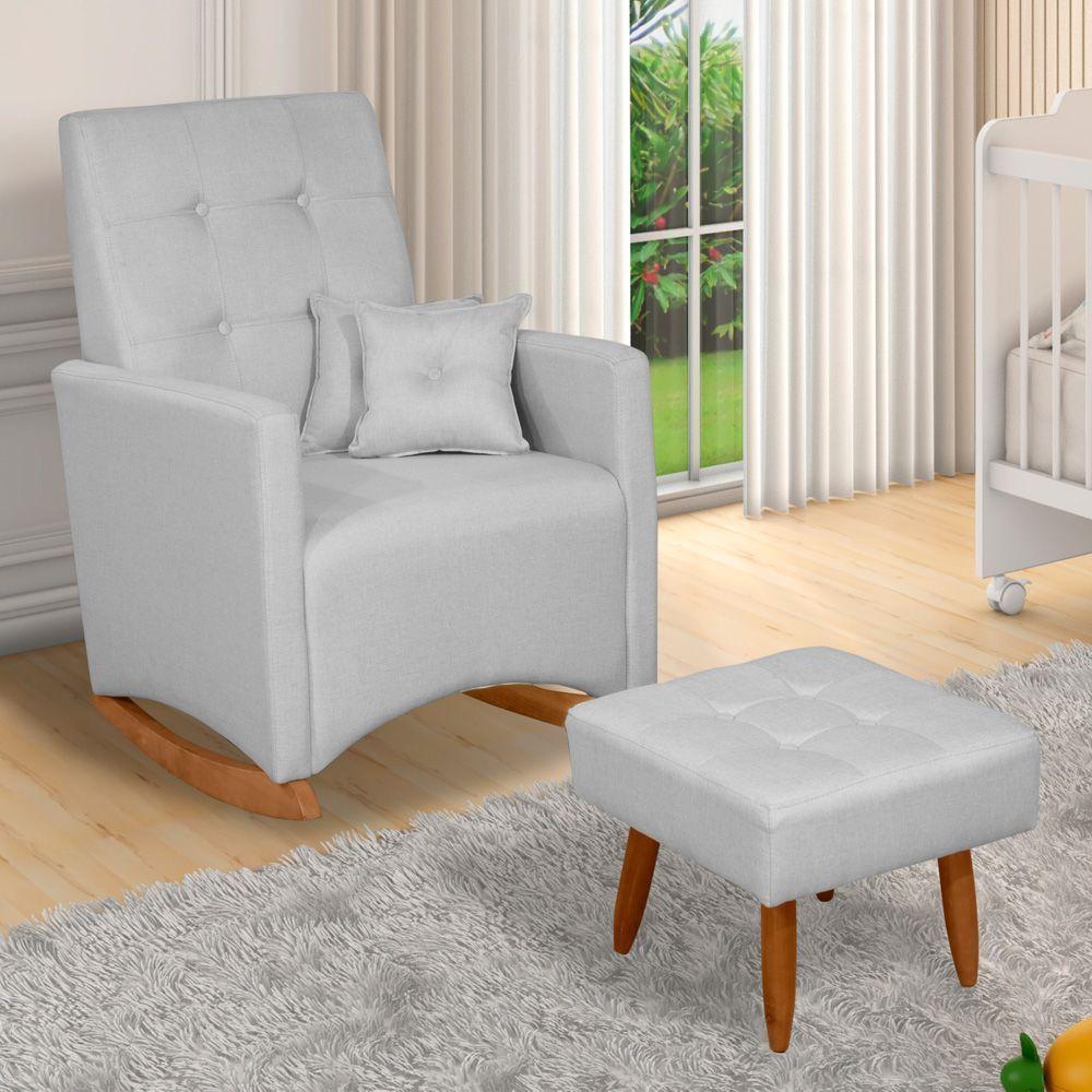 Poltrona De Amamentação E Descanso Anne Com Base Balanço E Puff Linho Cinza - Desk Design - 2