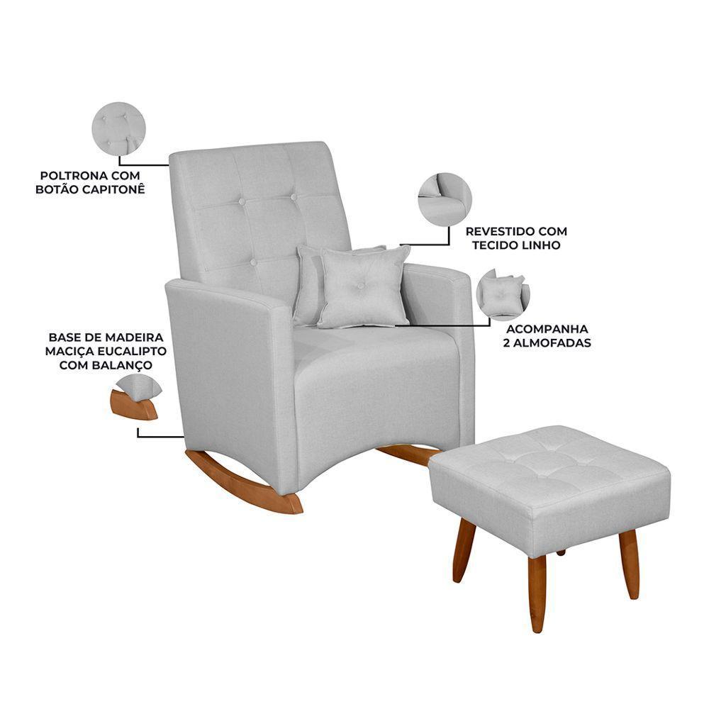 Poltrona De Amamentação E Descanso Anne Com Base Balanço E Puff Linho Cinza - Desk Design - 3